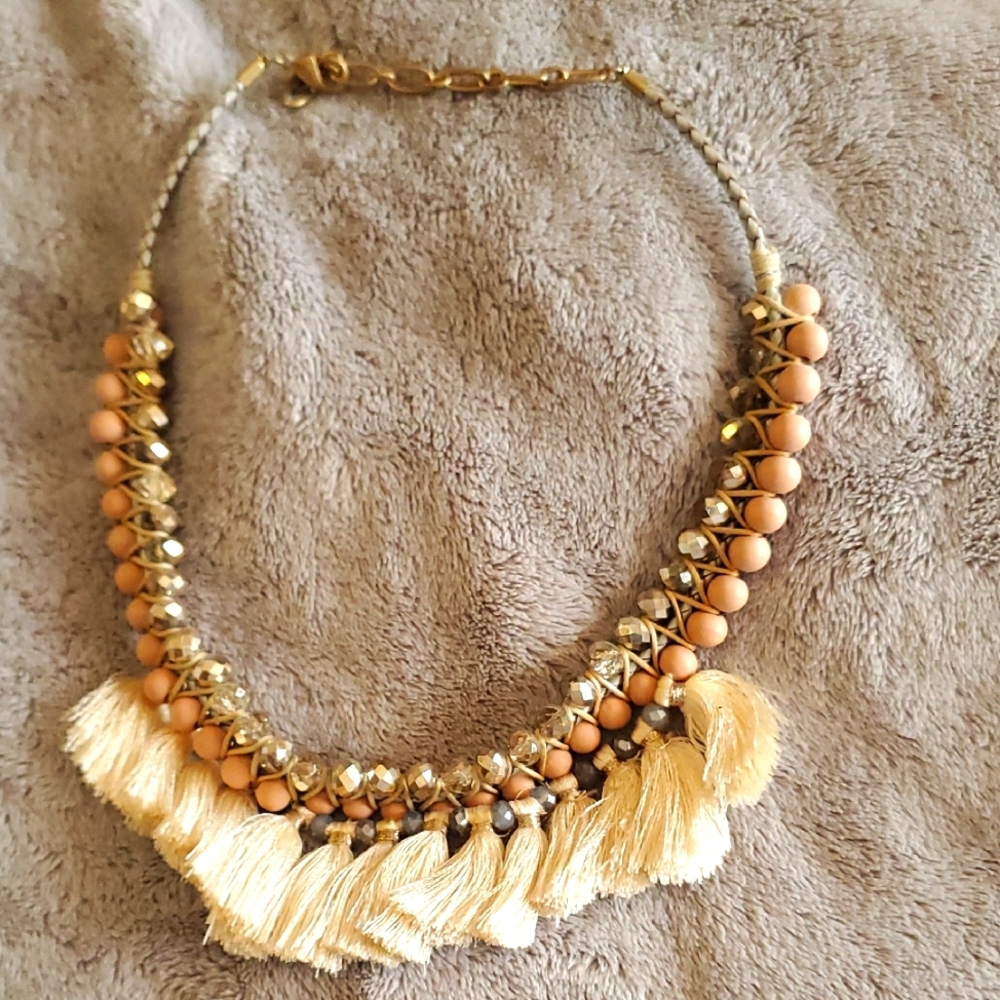Elegant Gold and Cream Beaded Necklace with Tassels